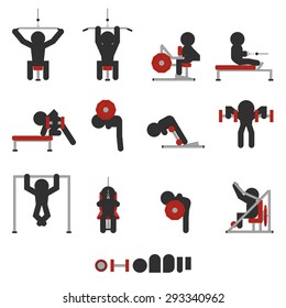 set of 12 icon weight training for back only character silhouetted