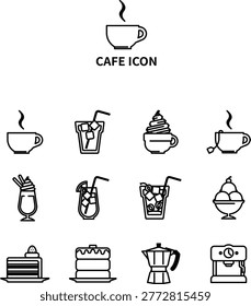 A set of 12 icons depicting a café.