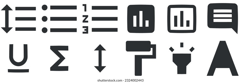Set von 12 Symbolen Editor. Moderne Dünnzeilensymbole. moderne Stilrichtung. für mobile und Web. Das große UI-Icon wird in einem flachen Design gesetzt. UX-Benutzeroberfläche