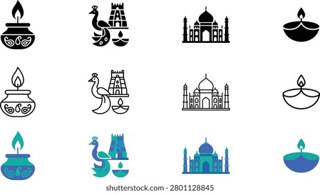 A set of 12 icons featuring Indian Diwali festival symbols, landmarks, and cultural motifs in black and blue colors, including lit diyas, peacocks, and the Taj Mahal.