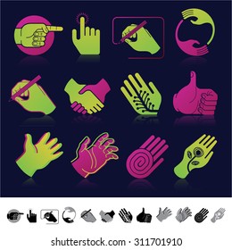 Set of 12 icons with human hands silhouettes on dark background.