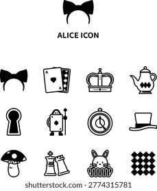 A set of 12 icons inspired by Alice in Wonderland.