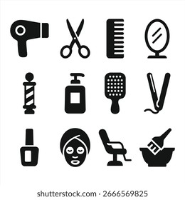 Satz von 12 Symbolen einzeln auf weißem Hintergrund. 12 Barbershop und Frisuren Salon Design-Elemente. Vektorgrafik	