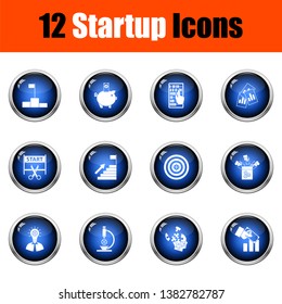 Set of 12 icons on Startup theme. Glossy Button Design. Fully editable vector illustration. Text expanded.