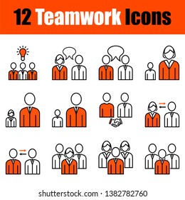 Set of 12 icons on Teamwork theme. Thin Line With Orange Design. Fully editable vector illustration. Text expanded.