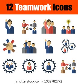 Set of 12 icons on Teamwork theme. Flat Design. Fully editable vector illustration. Text expanded.