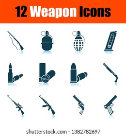 Set of 12 icons on Weapon theme. Blue Shadow Reflection Design. Fully editable vector illustration. Text expanded.