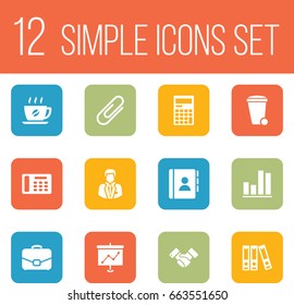 Set Of 12 Icons Set.Collection Of Address Book, Calculator, Handshake Elements.
