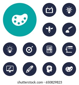 Set Of 12  Icons Set.Collection Of Bulb, Artist, Idea And Other Elements.
