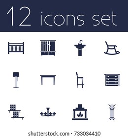 Set Of 12 Set Icons Set.Collection Of Cot, Wardrobe, Sink And Other Elements.