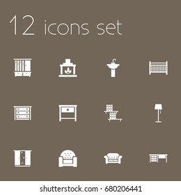 Set Of 12 Set Icons Set.Collection Of Cupboard, Sink, Chimney And Other Elements.