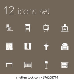 Set Of 12 Set Icons Set.Collection Of Desk, Chimney, Wardrobe And Other Elements.