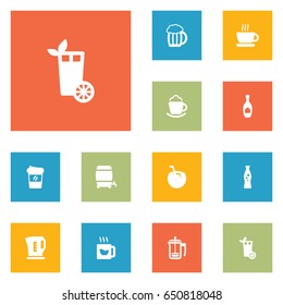 Set Of 12  Icons Set.Collection Of Hot, Mug, Fizzy Water And Other Elements.