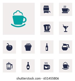 Set Of 12  Icons Set.Collection Of Hot, Cream, Electric Teapot And Other Elements.