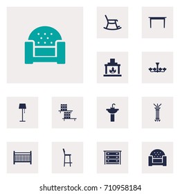 Set Of 12 Set Icons Set.Collection Of Illuminator, Coat Stand, Chimney Elements.