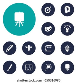 Set Of 12  Icons Set.Collection Of Pen, Bulb, Brush And Other Elements.