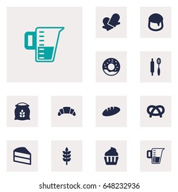 Set Of 12  Icons Set.Collection Of Potholders, Whisk, Grain And Other Elements.
