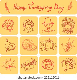Set of 12 icons and a simple linear header on Thanksgiving/Happy Thanksgiving Day linear icons