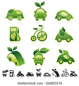 Set of 12 icons with sustainable transportation symbols.
