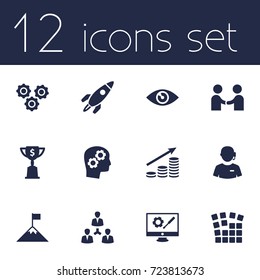 Set Of 12 Idea Icons Set.Collection Of Meeting, Startup Building, Call Center And Other Elements.