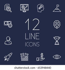Set Of 12 Idea Outline Icons Set.Collection Of Startup, Research, Currency And Other Elements.