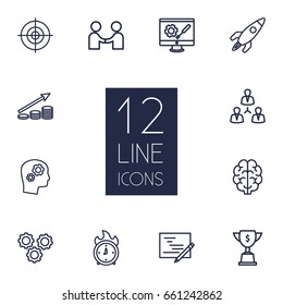 Set Of 12 Idea Outline Icons Set.Collection Of Brain, Development, Working Process And Other Elements.