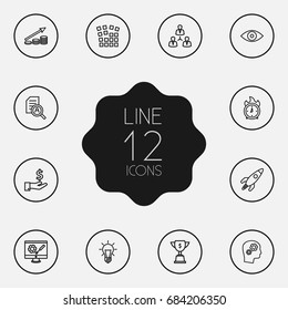 Set Of 12 Idea Outline Icons Set.Collection Of Research, Teamwork, Deadline And Other Elements.
