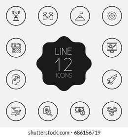 Set Of 12 Idea Outline Icons Set.Collection Of Research, Working Process, Target And Other Elements.