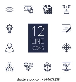 Set Of 12 Idea Outline Icons Set.Collection Of Target, Deadline, Development And Other Elements.