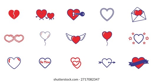 A set of 12 illustrations featuring various heart symbols, Valentine's Day icons, and love-related graphics in red, blue, and white colors.