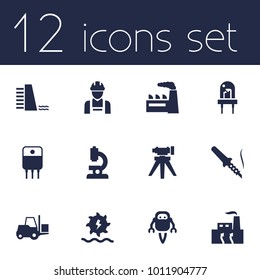 Set of 12 industrial icons set. Collection of factory, alternative energy, industry and other elements.