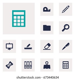 Set Of 12 Instruments Icons Set.Collection Of Whiteboard, Binder, Ink And Other Elements.