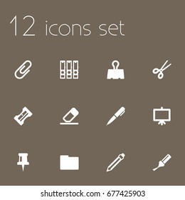 Set Of 12 Instruments Icons Set.Collection Of Rubber, Ink, Drawing And Other Elements.