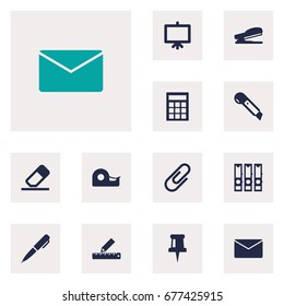 Set Of 12 Instruments Icons Set.Collection Of Eraser, Pencil, Puncher And Other Elements.