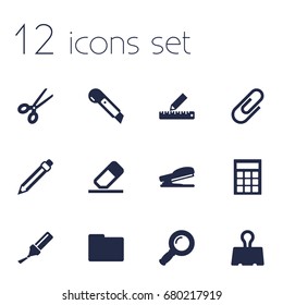 Set Of 12 Instruments Icons Set.Collection Of Calculate, Zoom Glasses, Paper  Clamp And Other Elements.