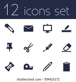 Set Of 12 Instruments Icons Set.Collection Of Clippers, Drawing, Sticky And Other Elements.