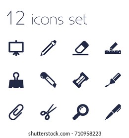 Set Of 12 Instruments Icons Set.Collection Of Whiteboard, Paper  Clamp, Supplies And Other Elements.