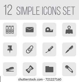 Set Of 12 Instruments Icons Set.Collection Of Folder, Sticky, Paper  Clamp And Other Elements.