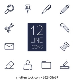 Set Of 12 Instruments Outline Icons Set.Collection Of Pushpin, Eraser, Cutter And Other Elements.