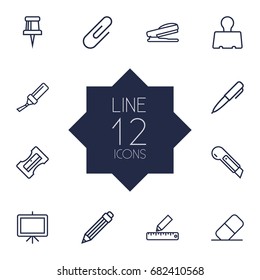 Set Of 12 Instruments Outline Icons Set.Collection Of Paper Clamp, Marker, Pen And Other Elements.