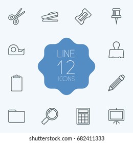 Set Of 12 Instruments Outline Icons Set.Collection Of Sharpener, Zoom Glasses, Portfolio And Other Elements.