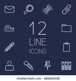 Set Of 12 Instruments Outline Icons Set.Collection Of Portfolio, Binder Clip, Pushpin And Other Elements.