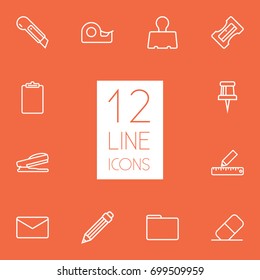 Set Of 12 Instruments Outline Icons Set.Collection Of Eraser, Clipboard, Pushpin And Other Elements.