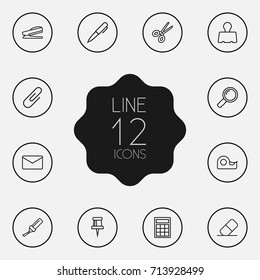 Set Of 12 Instruments Outline Icons Set.Collection Of Mail, Eraser, Zoom Glasses And Other Elements.