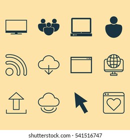 Set Of 12 Internet Icons. Includes Human, Virtual Storage, Send Data And Other Symbols. Beautiful Design Elements.