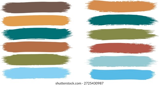 Um conjunto de 12 amostras de cores de forma irregular em tons terrosos, organizadas em duas colunas sobre um plano de fundo branco