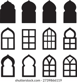 Set of 12 Islamic and Arabic style arch silhouettes. Decorative oriental window and door outlines featuring ogee and horseshoe architectural shapes for cultural design and patterns.