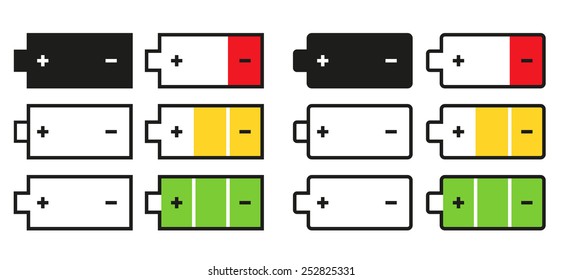 Set of 12 isolated battery icons - colorful and black and white