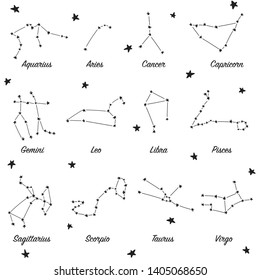 Set of 12 isolated constellations on white background.