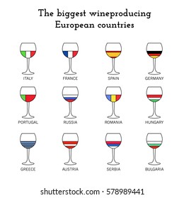 a set of 12 isolated flat icon symbolizing wine production countries of Europe; good for infographics and statistics